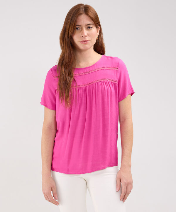 Blusa Unicolor Manga Corta, Escote Redondo Con Encaje Y Recogido Sutil image number null