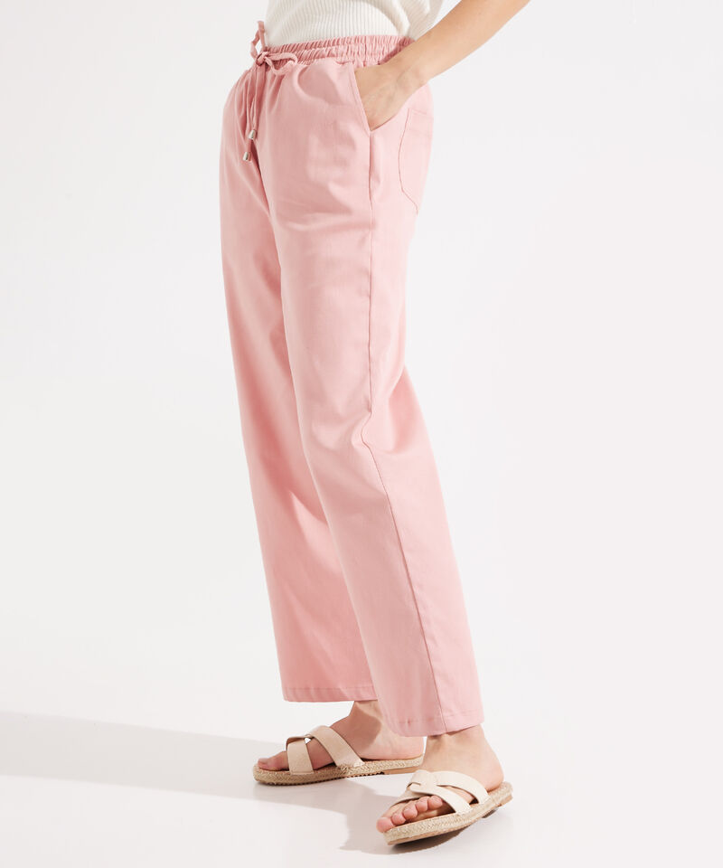 Pantalon Moda Unicolor, Bota Recta Con Pretina Resortada, Bolsillos Laterales Y Cordón Ajustable