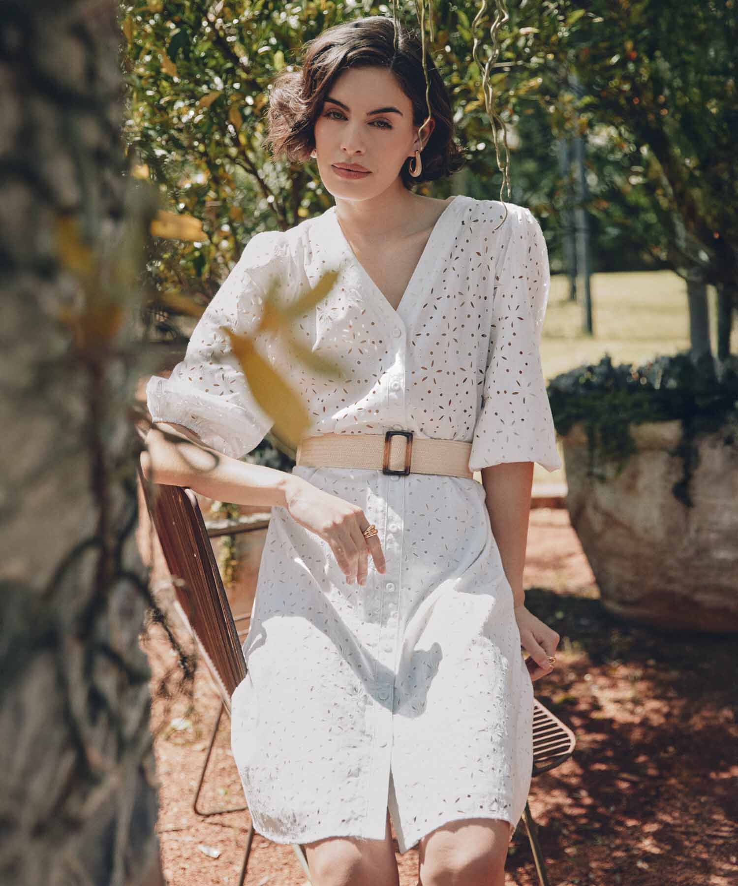 Vestido Camisero Perforado Con Cintur&oacute;n Para Mujer