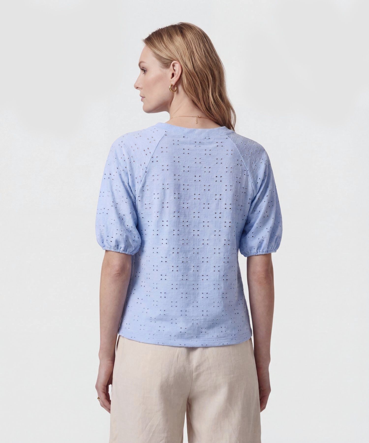 Camiseta Manga Globo Con Ojalillo Para Mujer