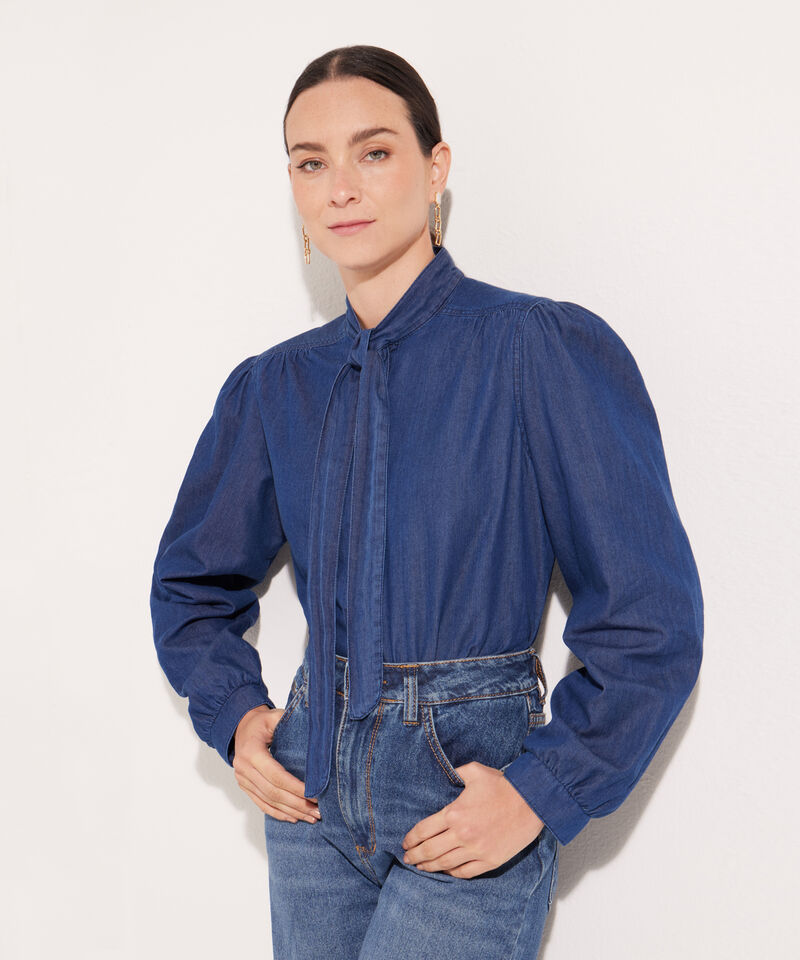 Blusa Cuello Con Moño Tono Azul Oscuro