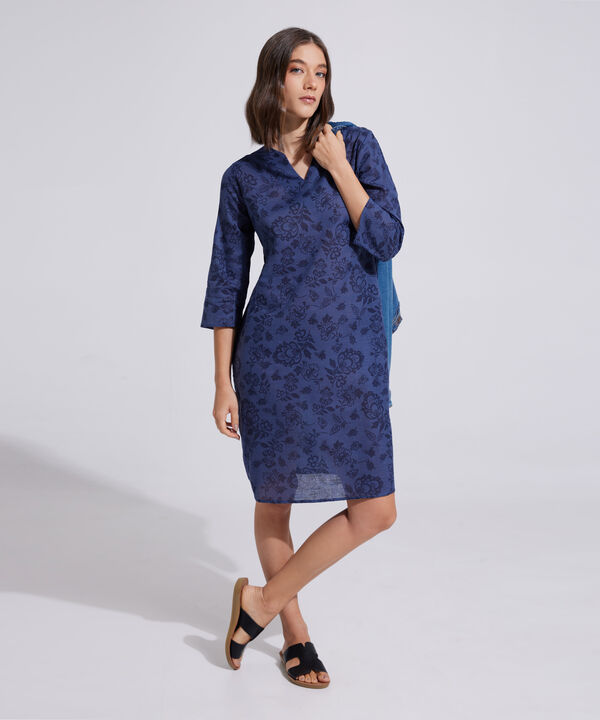 Vestido Estampado Manga 3/4 Con Cuello Herradura Y Bolsillos En Costados