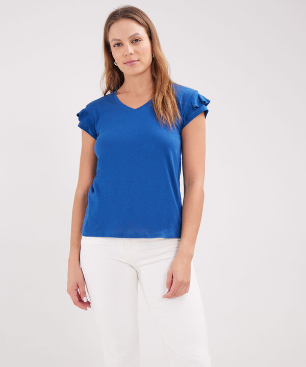 Camiseta Unicolor, Cuello En V Manga Corta image number null