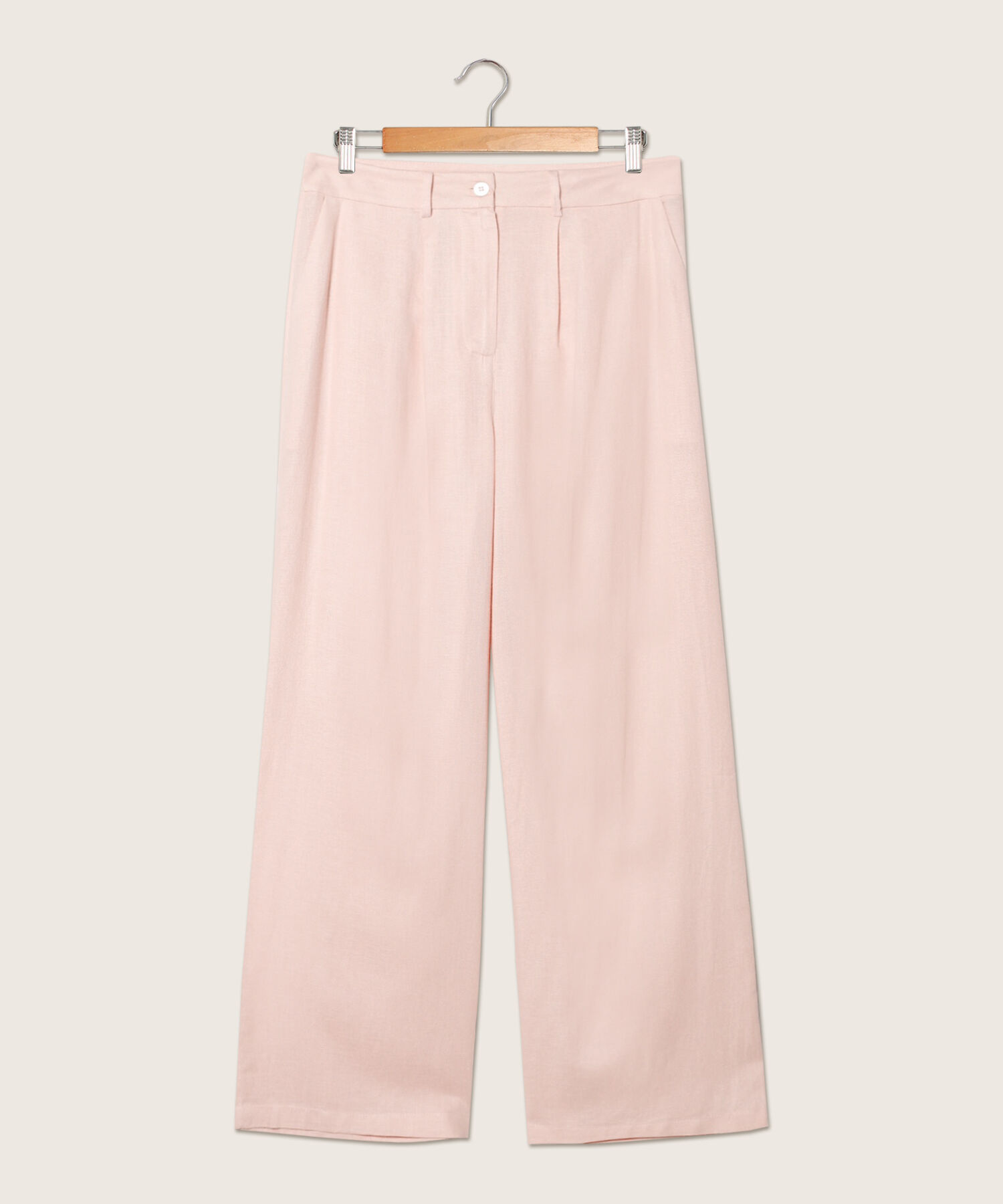 Pantalón Unicolor Tiro Alto Con Prenses, Bota Recta, Bolsillos Laterales Y Ribetes Traseros