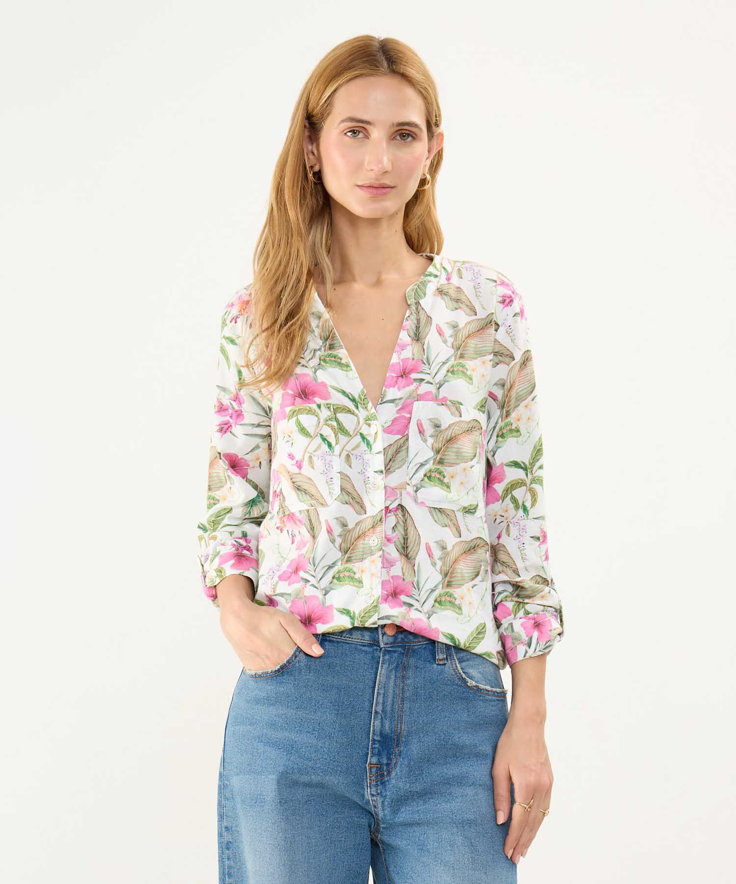 Blusa Estampada en Efecto Lino