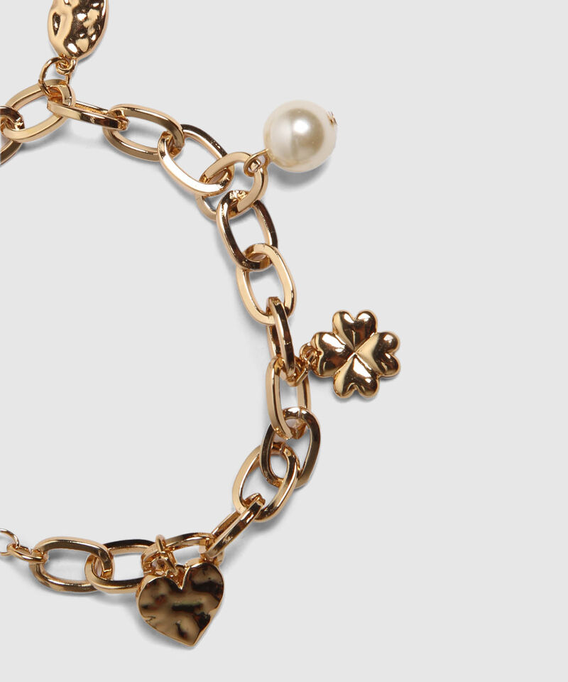 Pulsera Dorada Con Dijes Y Perla 