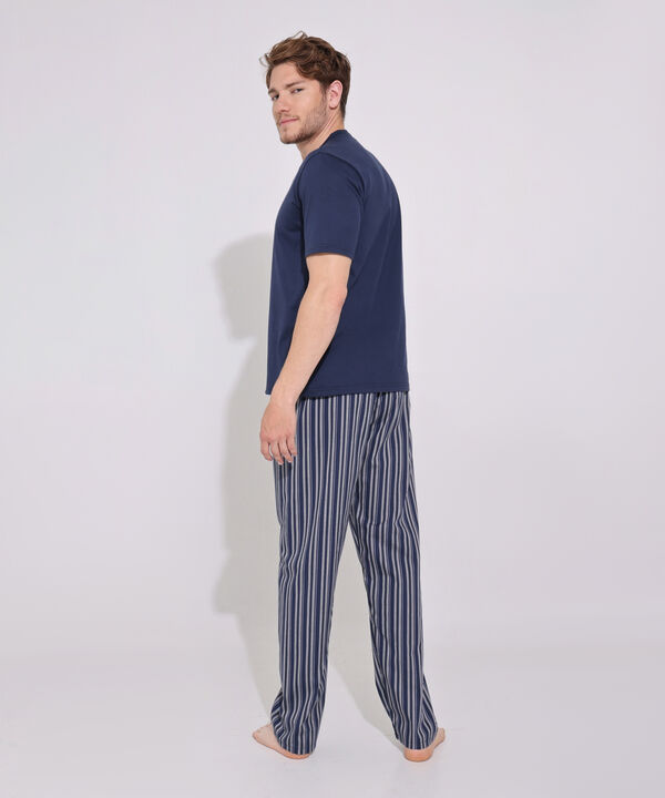 Pijama Camiseta Unicolor Cuello Henley Manga Larga, Pantalón Preteñido Rayas
