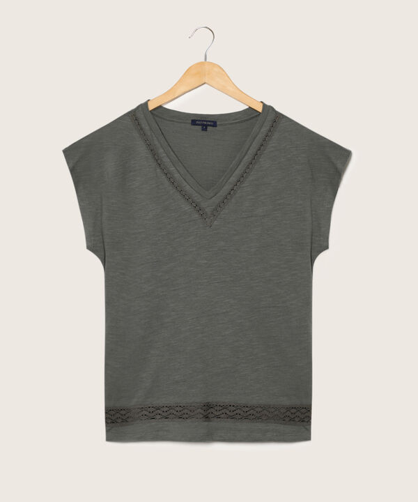 Camiseta Unicolor Manga Corta, Cuello V Con Detalle En Encaje