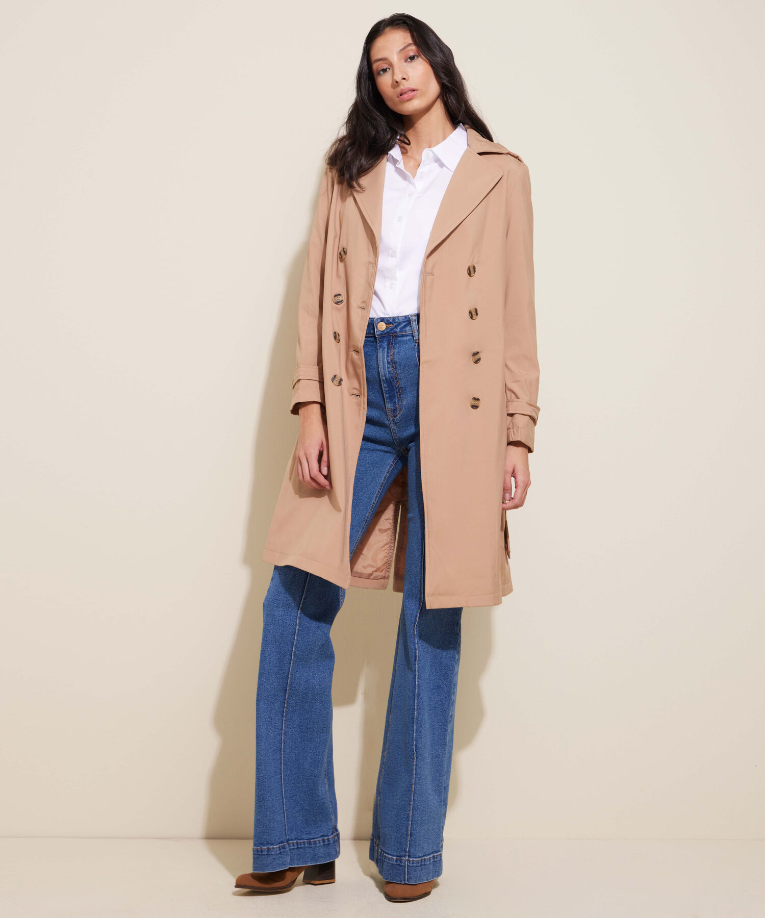 Chaqueta Trench Con Cinturon De Ajuste Manga Larga