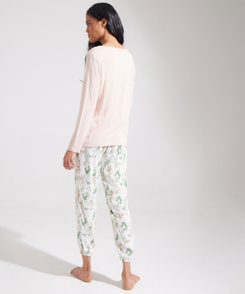 Pijama Set Camiseta Manga Larga Cuello V Unicolor Y Pantalón Plano Estampado