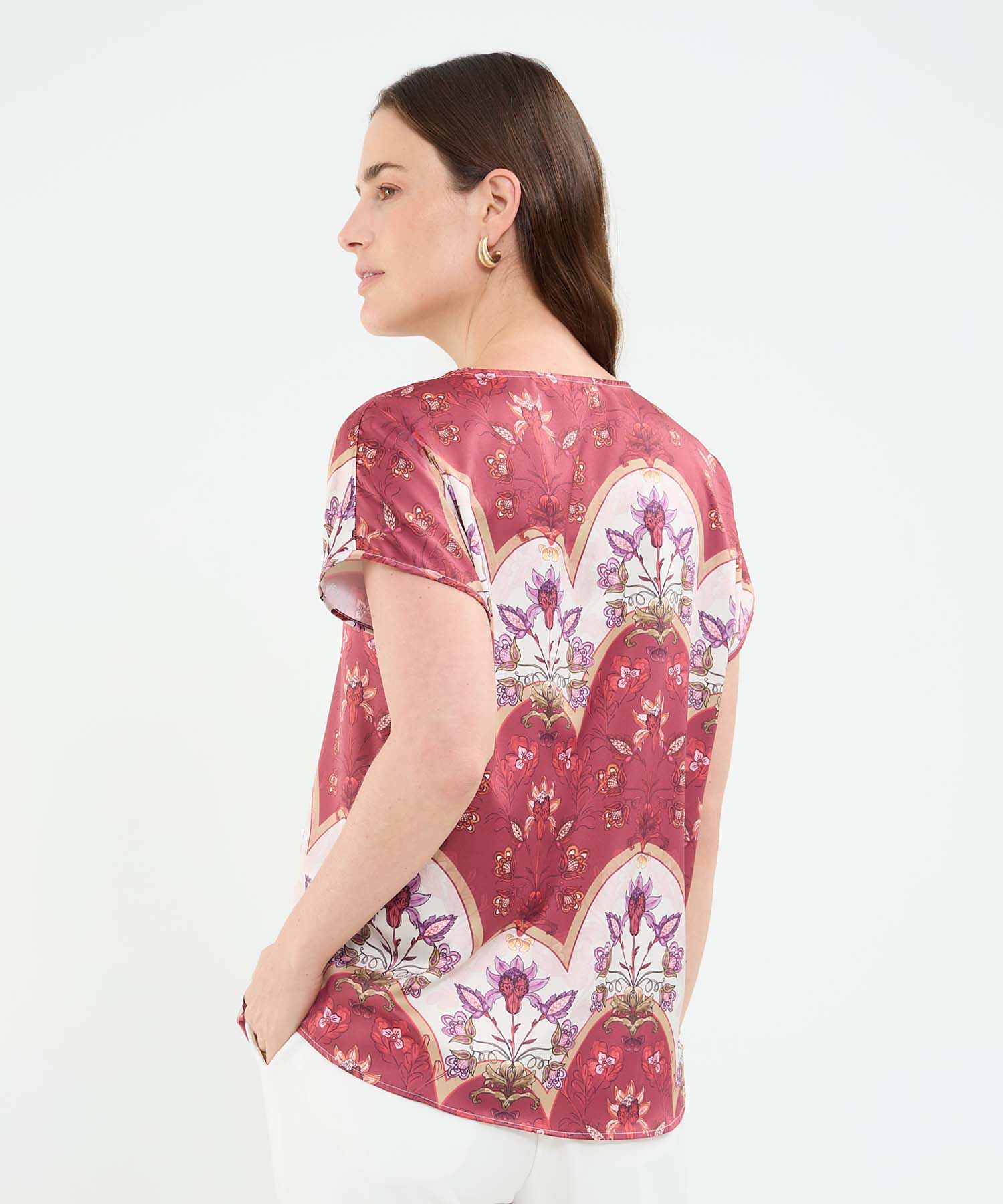 Blusa manga corta con escote en v y prense para mujer