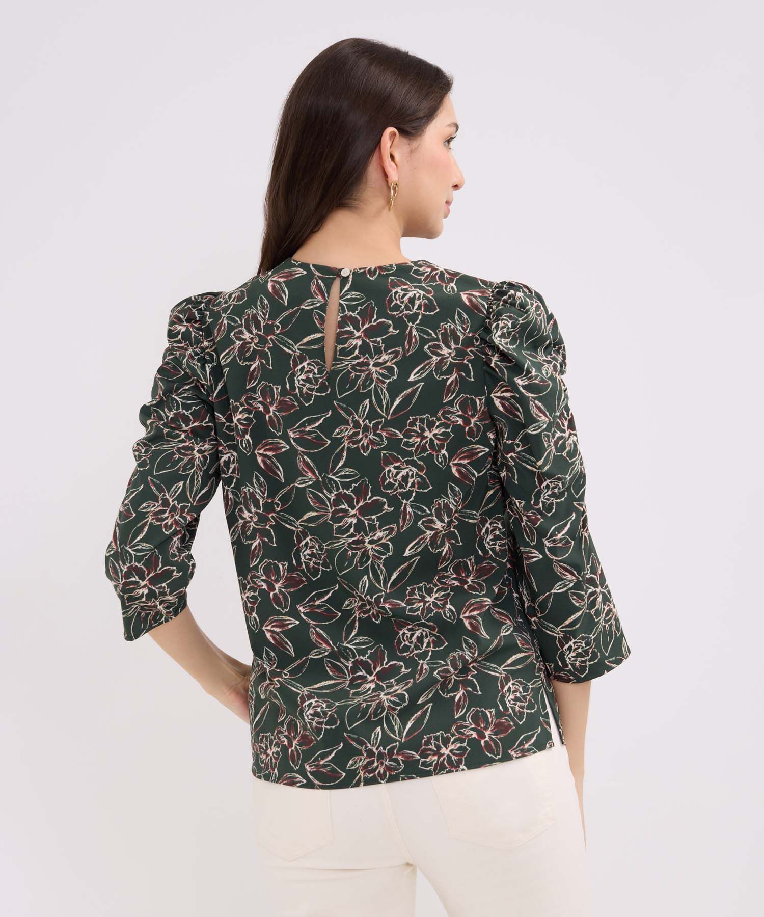Blusa Estampada Escote Redondo, Manga 3/4 Con Recogido