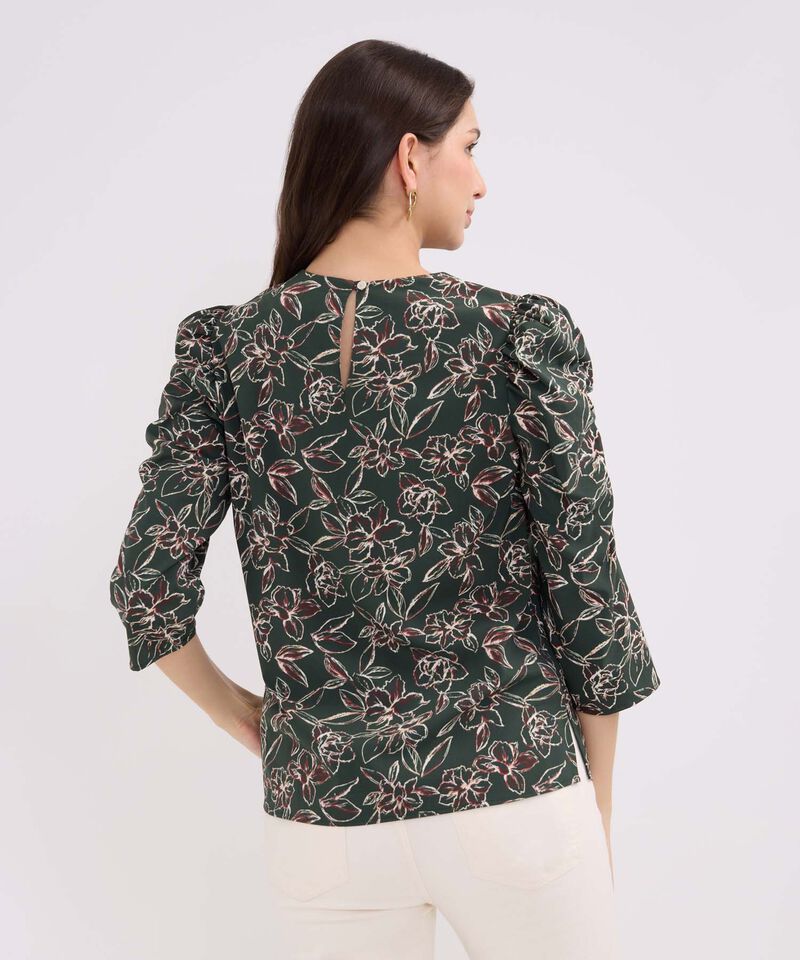 Blusa Estampada Escote Redondo, Manga 3/4 Con Recogido