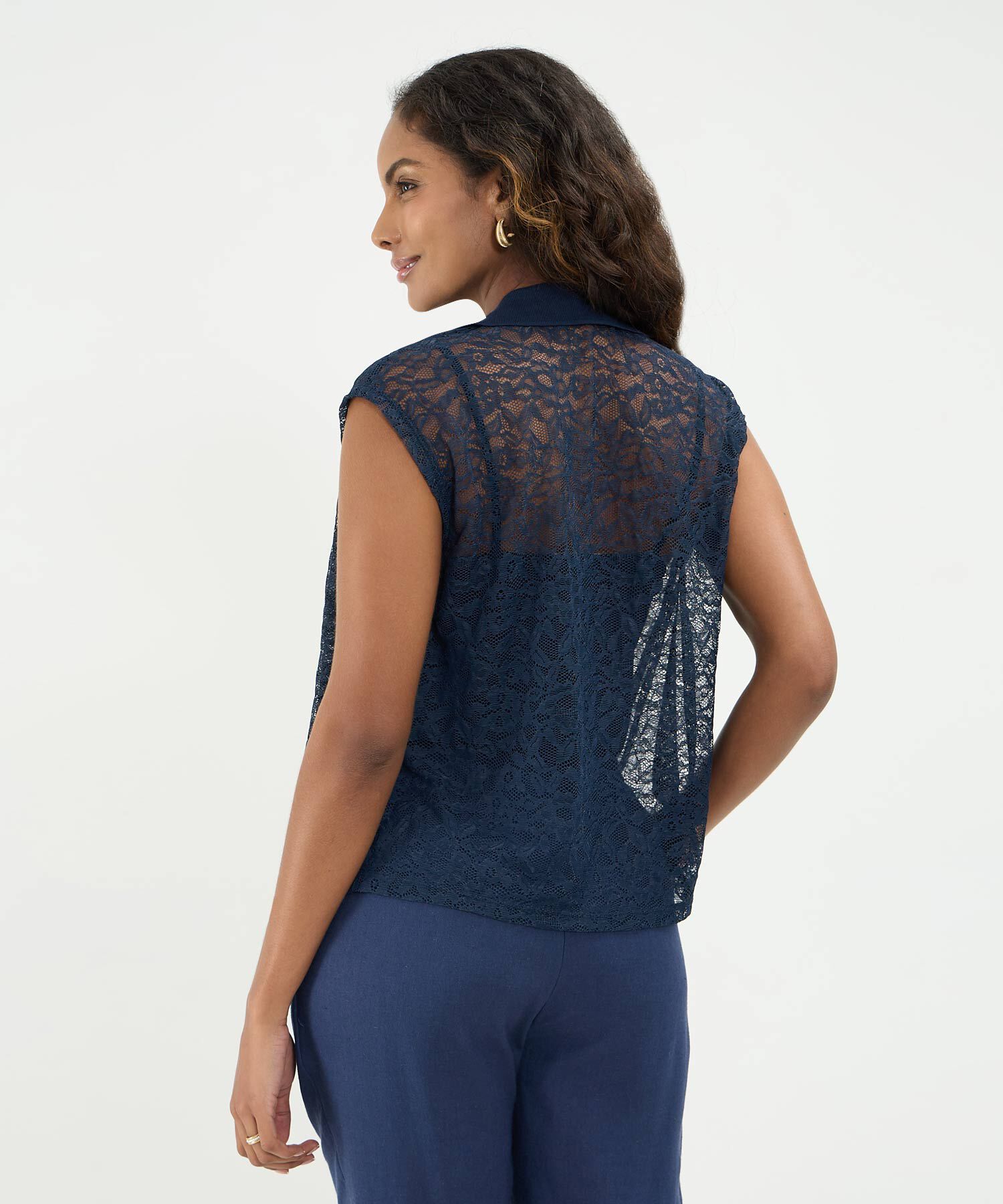 Polo En Encaje, Cuello Y Pechera En Rib, Con Top Interno Para Mujer