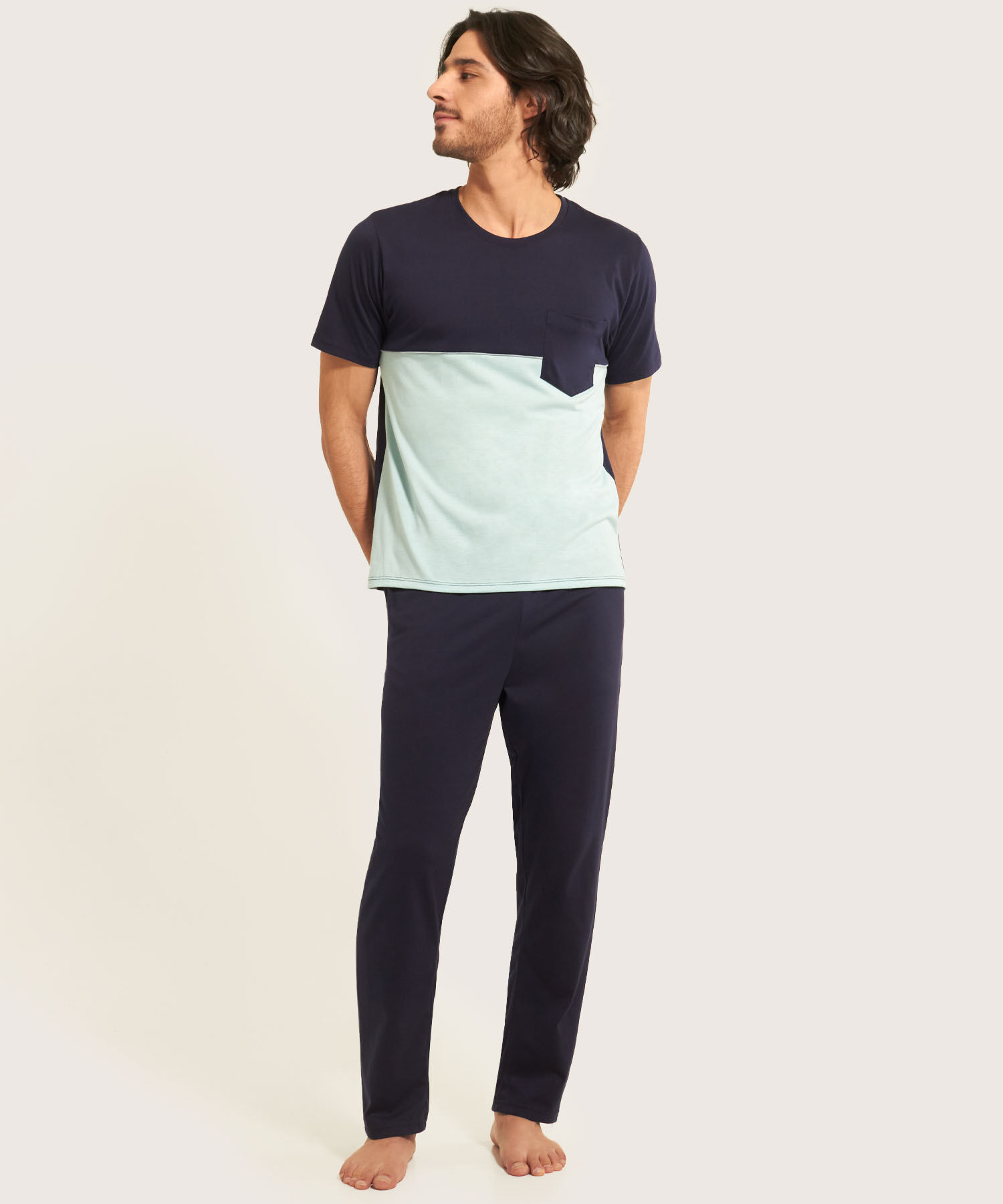 Pijama Conjunto Camiseta De Bloques Con Bolsillo Y Pantalón Unicolor