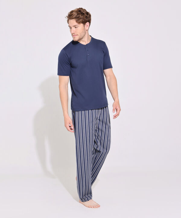 Pijama Camiseta Unicolor Cuello Henley Manga Larga, Pantalón Preteñido Rayas