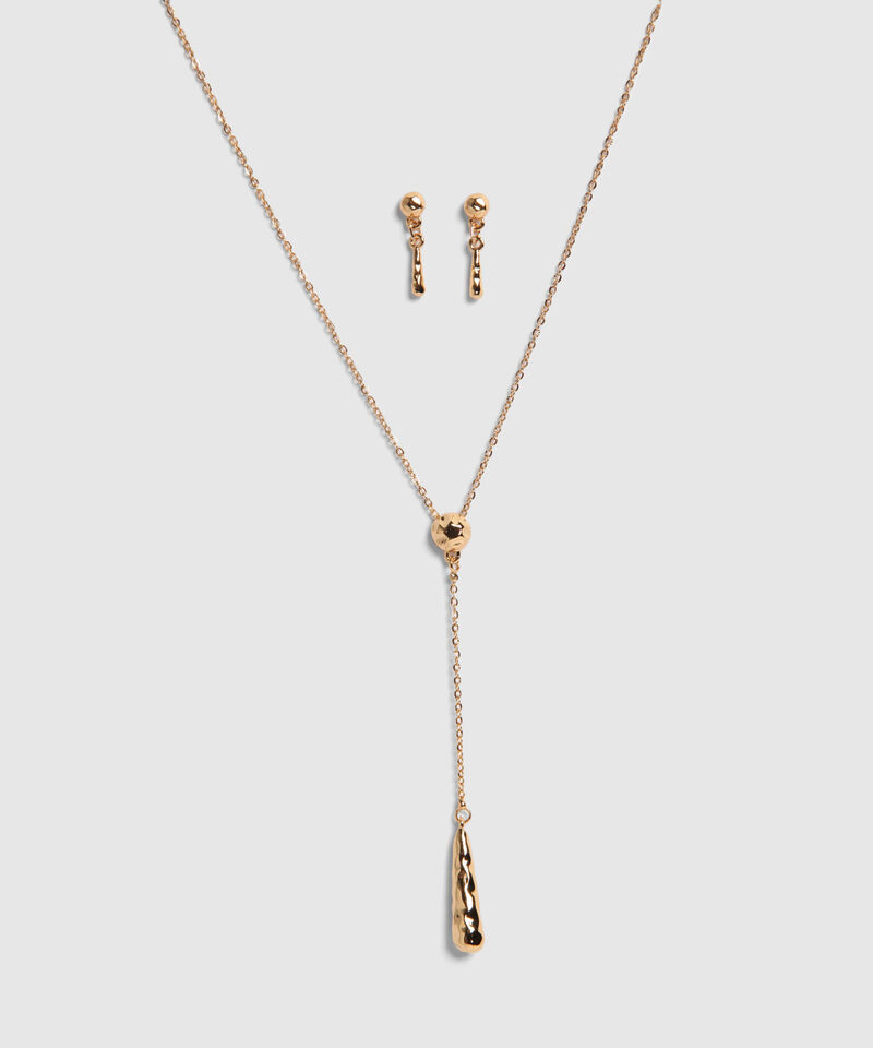 Set Dorado Con Collar Largo Y Aretes Colgantes