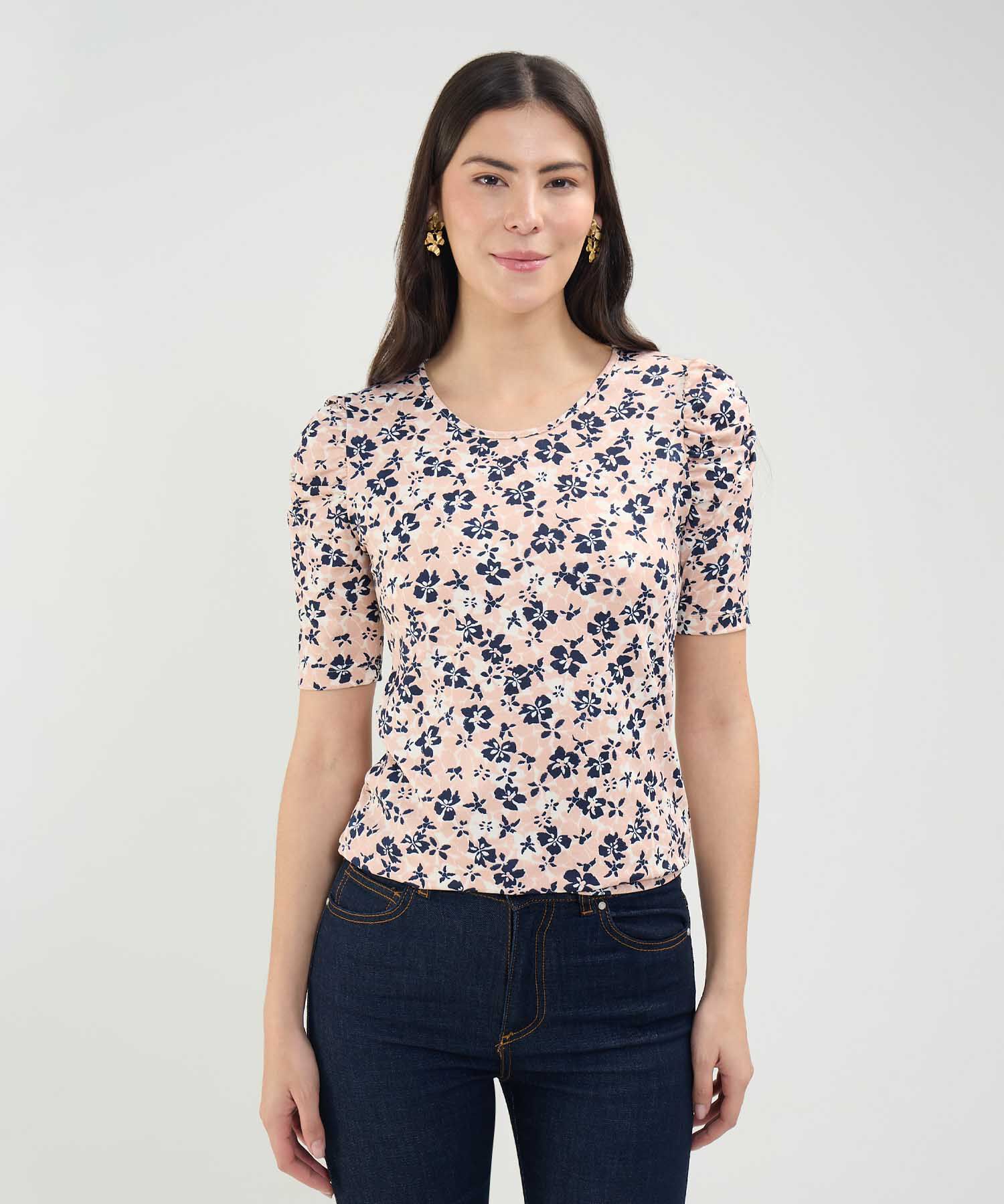 Camiseta Manga Corta Con Ruche Estampada