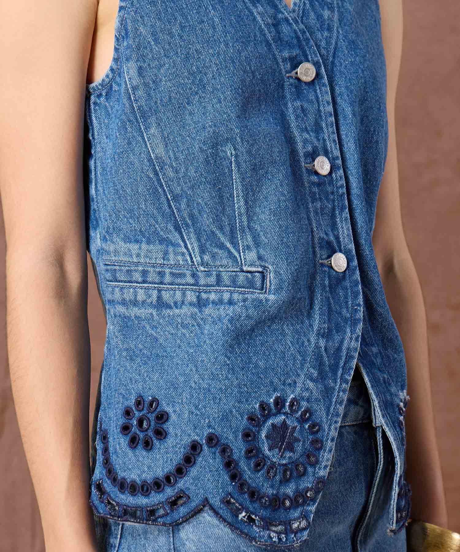 Chaleco Denim con Escote V y Bordado Para Mujer