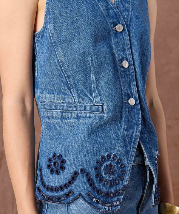 Chaleco Denim con Escote V y Bordado Para Mujer