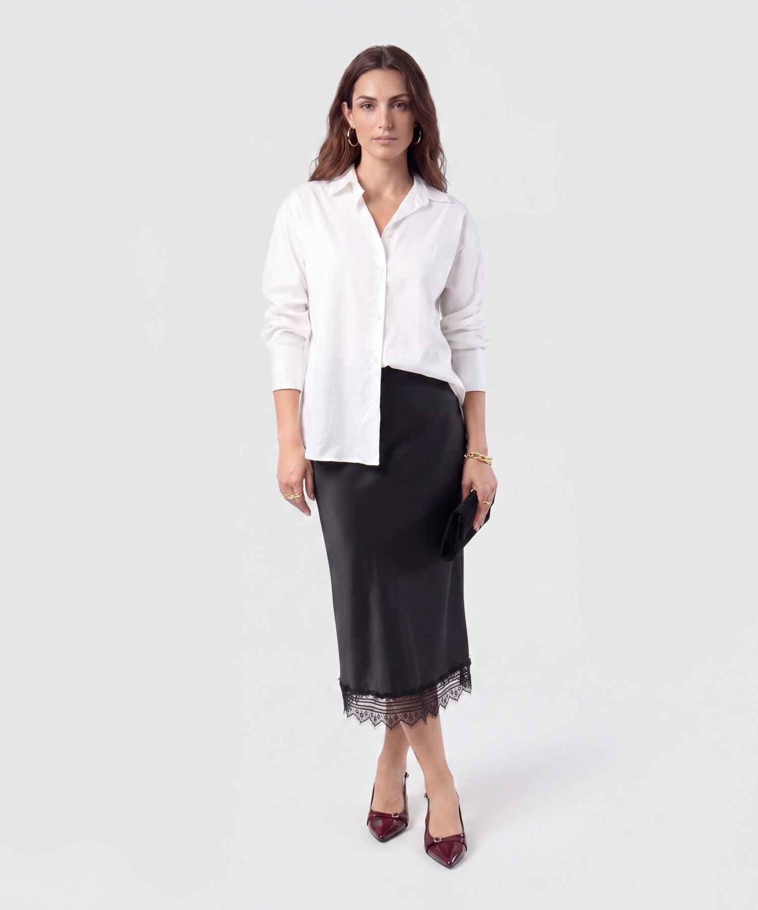 Falda Mujer Midi Unicolor Detalle Encaje