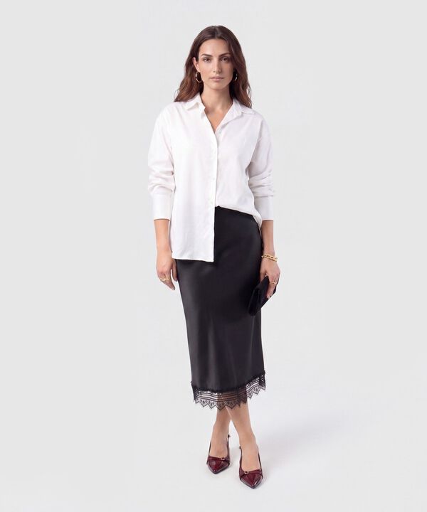 Falda Mujer Midi Unicolor Detalle Encaje