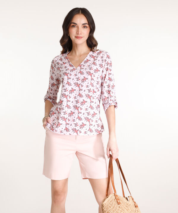 Blusa Estampada, Manga 3/4 Con Charretera, Cuello En V Y Silueta Fluida image number null