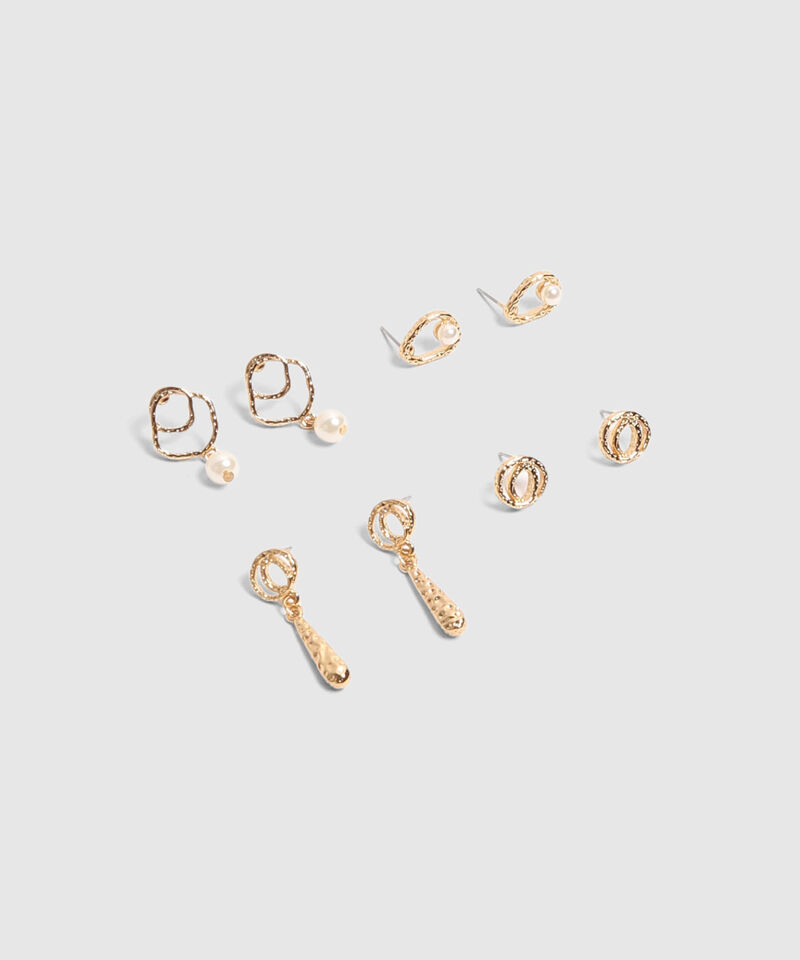 Set X4 Aretes Dorados Con Textura Y Perlas 