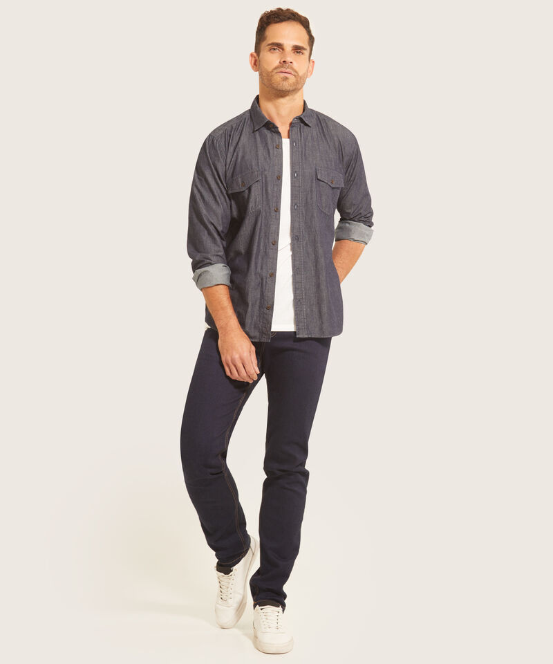 Camisa Manga Larga Azul Oscuro Con Bolsillos De Parche