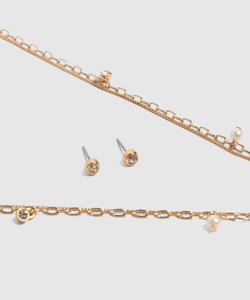 Set Dorado De Collar Doble Con Dijes Y Aretes