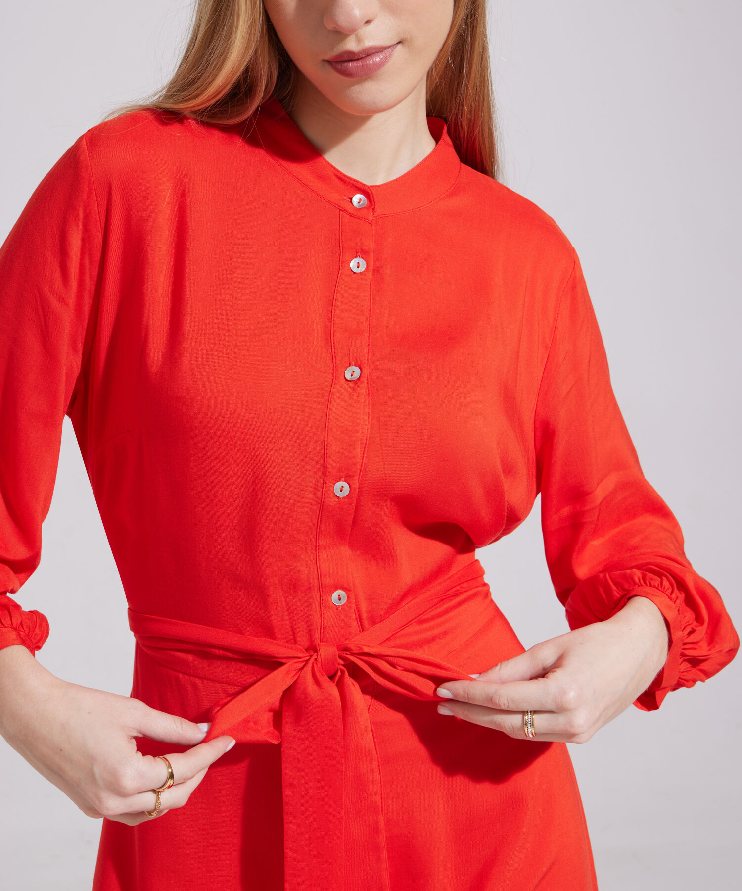 Vestido Manga 3/4 Unicolor Con Cinturón En Tela