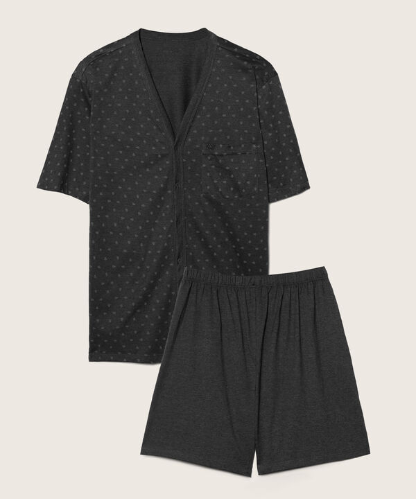 Pijama Set De Camiseta Manga Corta Abierta Estampada Y Bermuda Unicolor