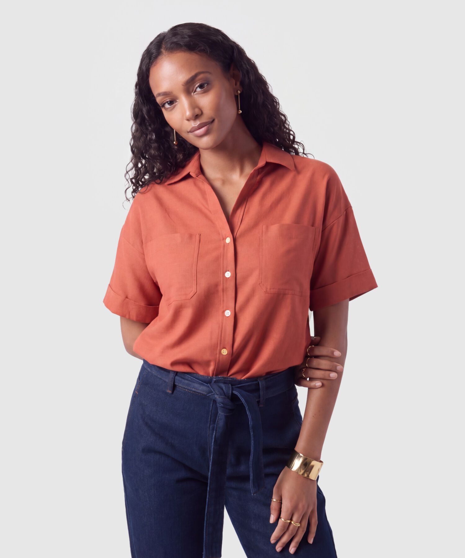 Camisa Manga Corta Con Bolsillos Para Mujer