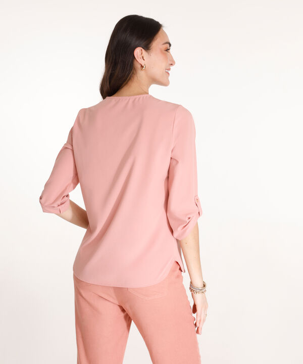 Blusa Unicolor Manga 3/4 Con Cuello En V, Charretera Para Graduar
