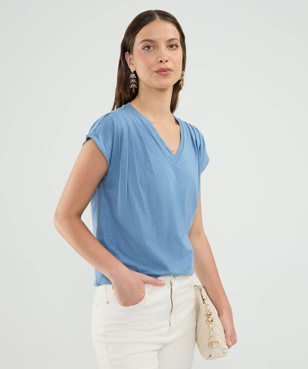 Camiseta Manga Corta, Cuello V Con Encaje En Hombro Para Mujer image number null