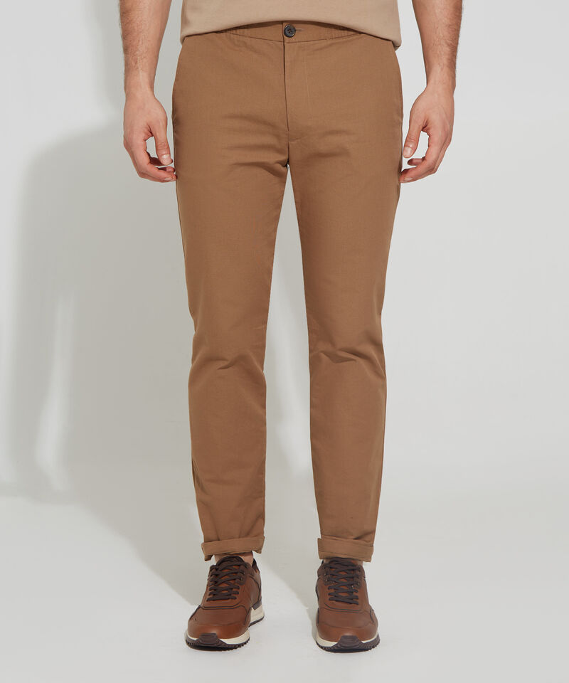 Pantalón Unicolor, Cintura Elástica Con Botón, Bolsillos Laterales, Bota Recta Y Silueta Regular Fit