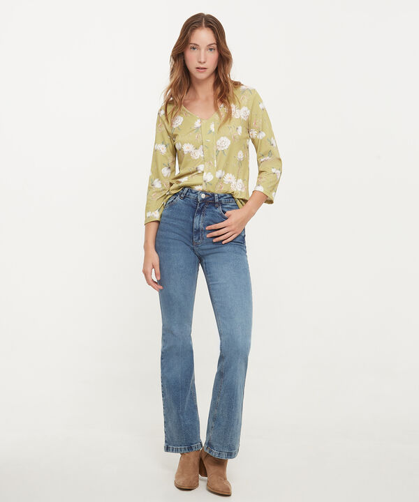 Camiseta Manga 3/4 Estampada Con Escote V Y Prense En Frente, Trópico Floral