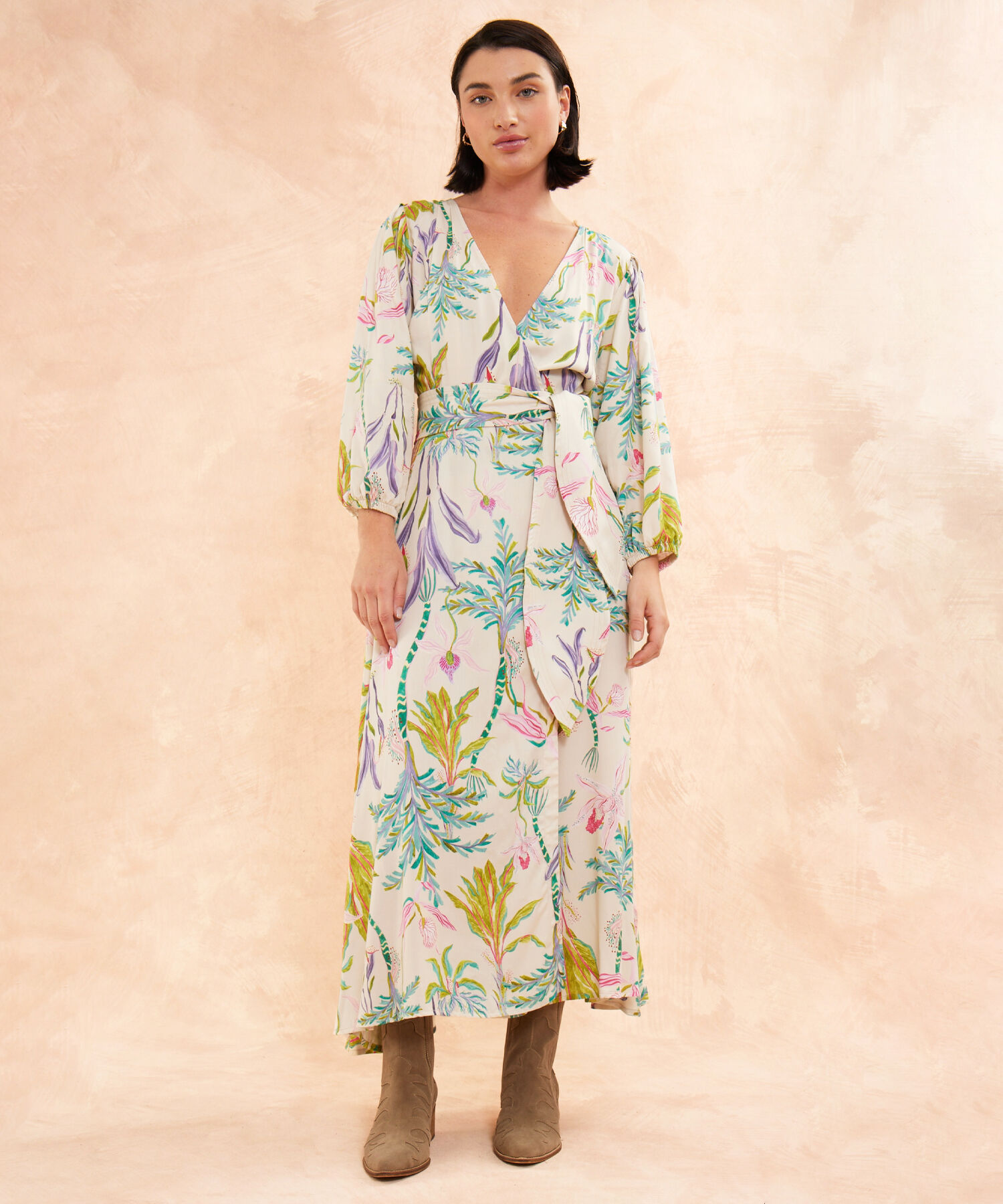 Vestido Estampado, Envolvente Con Manga 3/4 Y Cinturon