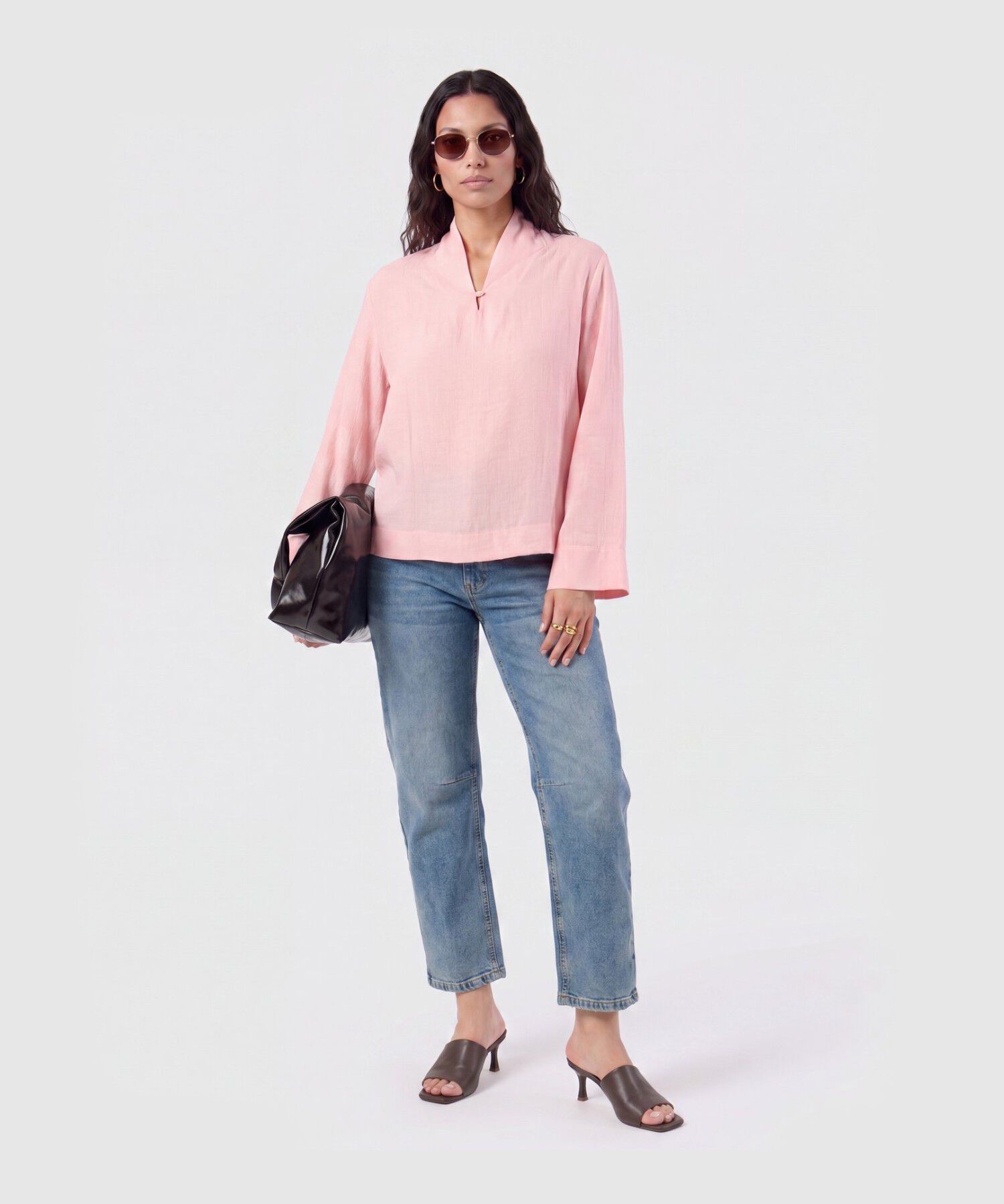 Blusa Manga Larga Cuello Mao Para Mujer
