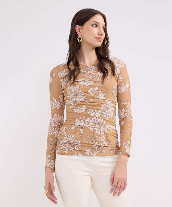 Camiseta Manga 3/4 Estampada, Cuello Redondo