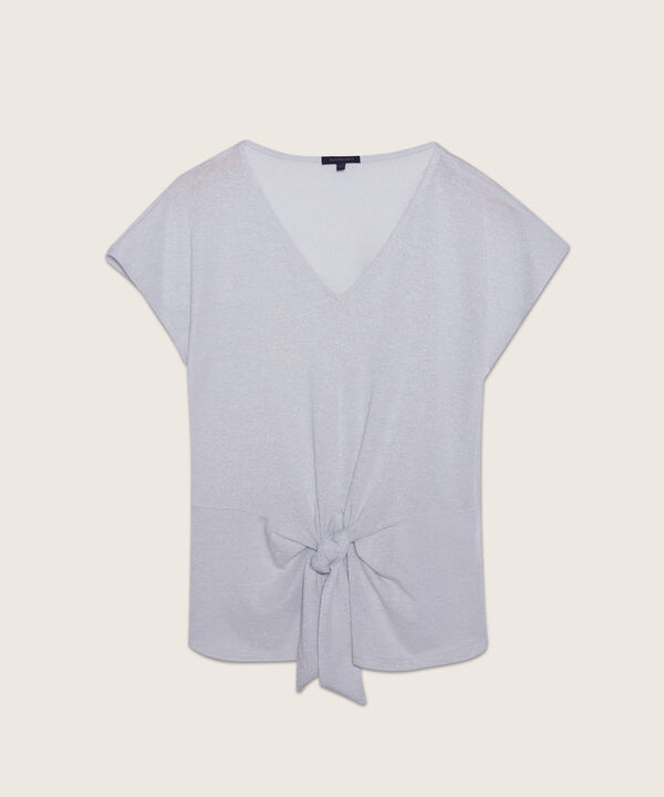 Camiseta Cuello En V Manga Corta Rodada Con Pieza Anudado