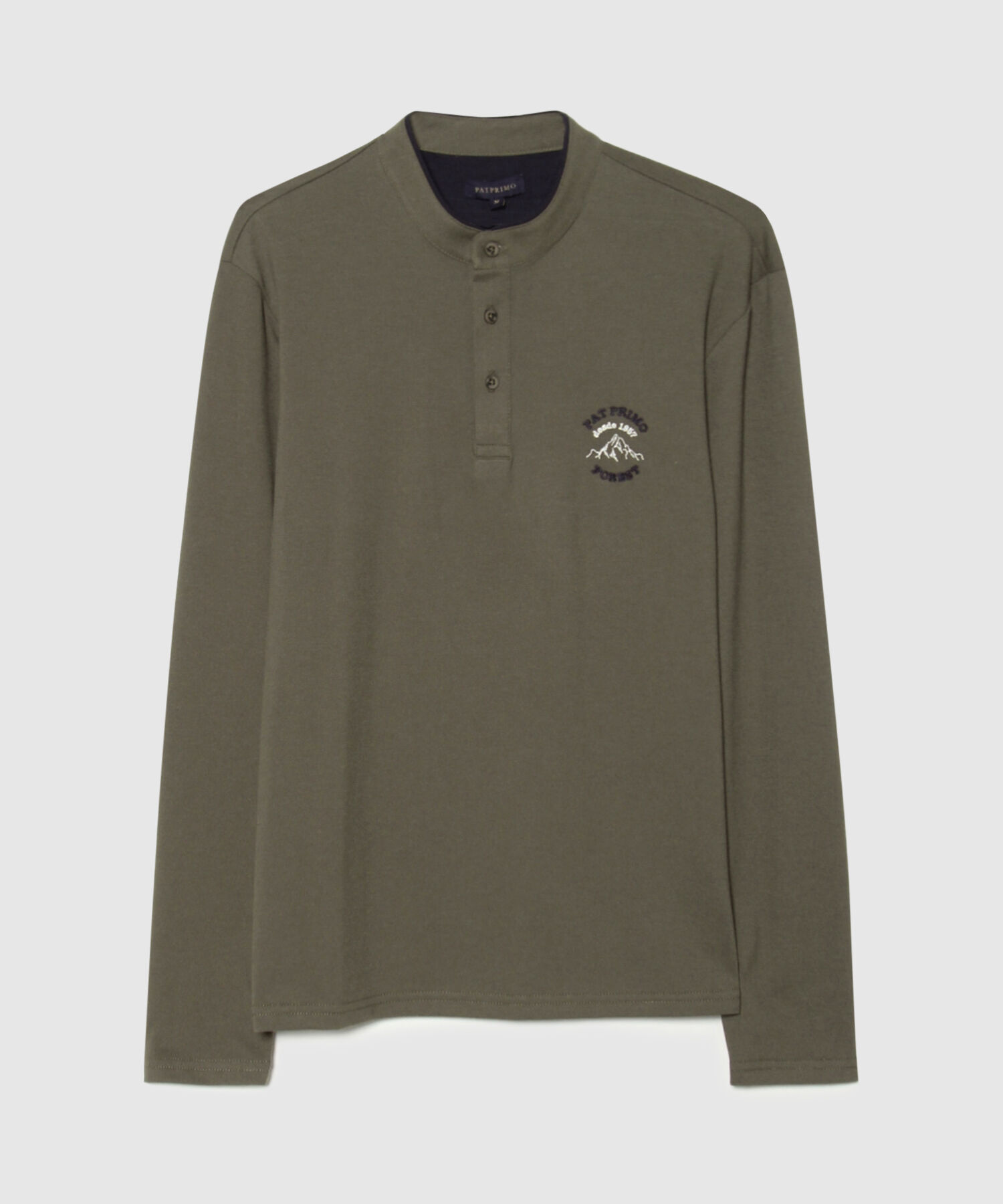Camiseta Manga Langa Unicolor Con Bordado, Cuello Henley