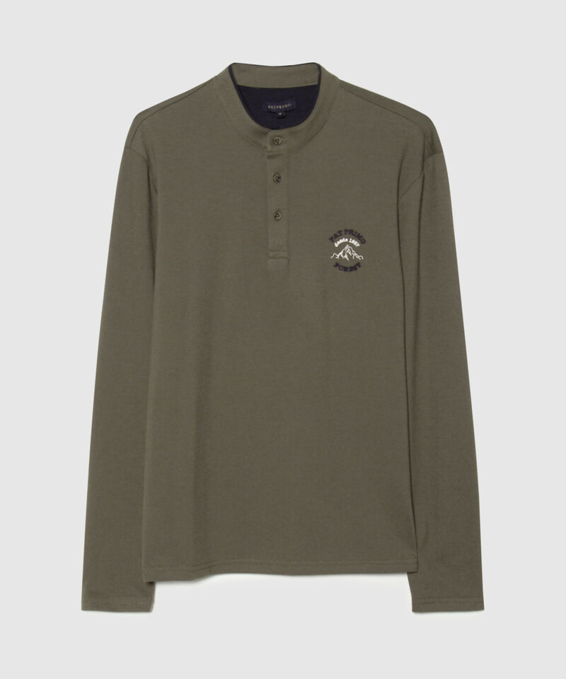 Camiseta Manga Langa Unicolor Con Bordado, Cuello Henley