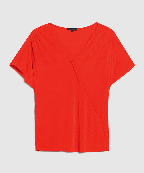 Camiseta Unicolor, Manga Corta Tipo Murciélago, Escote En V Cruzado, Serena