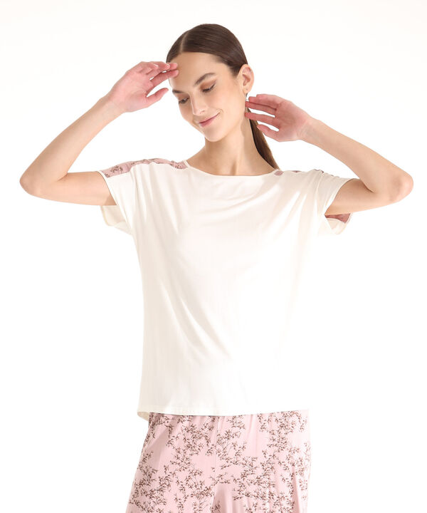 Pijama Conjunto Camiseta  Manga Corta Unicolor Con Almilla Estampada Y Pantalón Culotte Estampado
