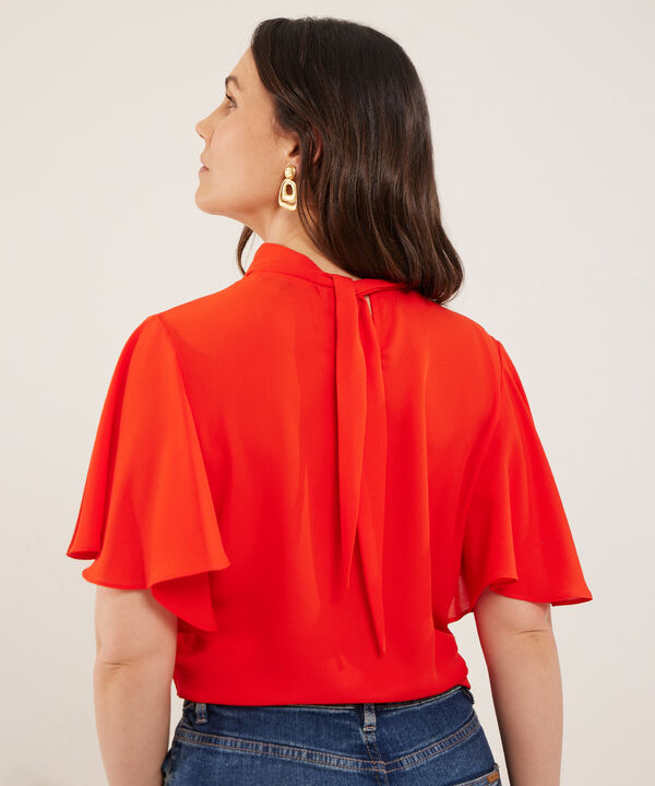 Blusa Unicolor, Manga Corta Tipo Campana, Cuello V Drapeado Cruzado Con Anudado En Posterior, Serena
