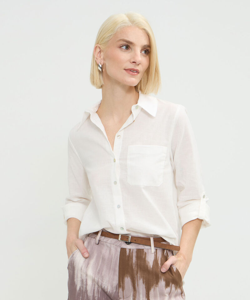 Camisa Manga Larga Con Bolsillo Unicolor En Lino