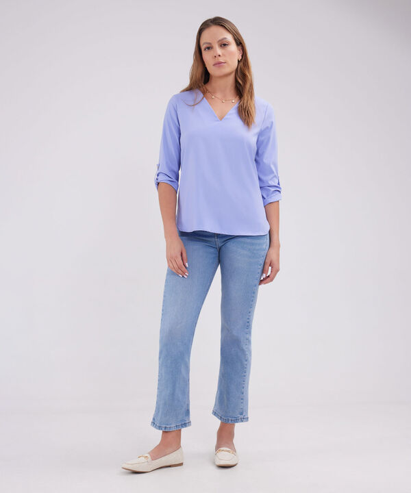 Blusa Unicolor Manga 3/4 Con Cuello En V, Charretera Para Graduar