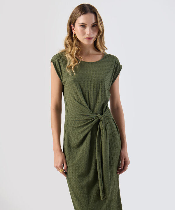 Vestido Para Mujer Midi Textura Nudo Frontal Elegante image number null