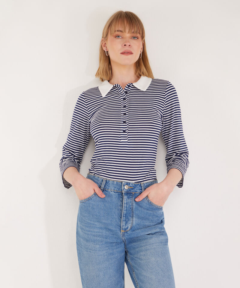 Polo Preteñida A Rayas, Manga 3/4 Con Cuello Duro Y Pechera Unicolor